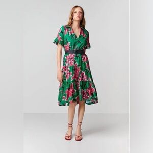 Zara Green Floral Midi Dress with Pink Highlights